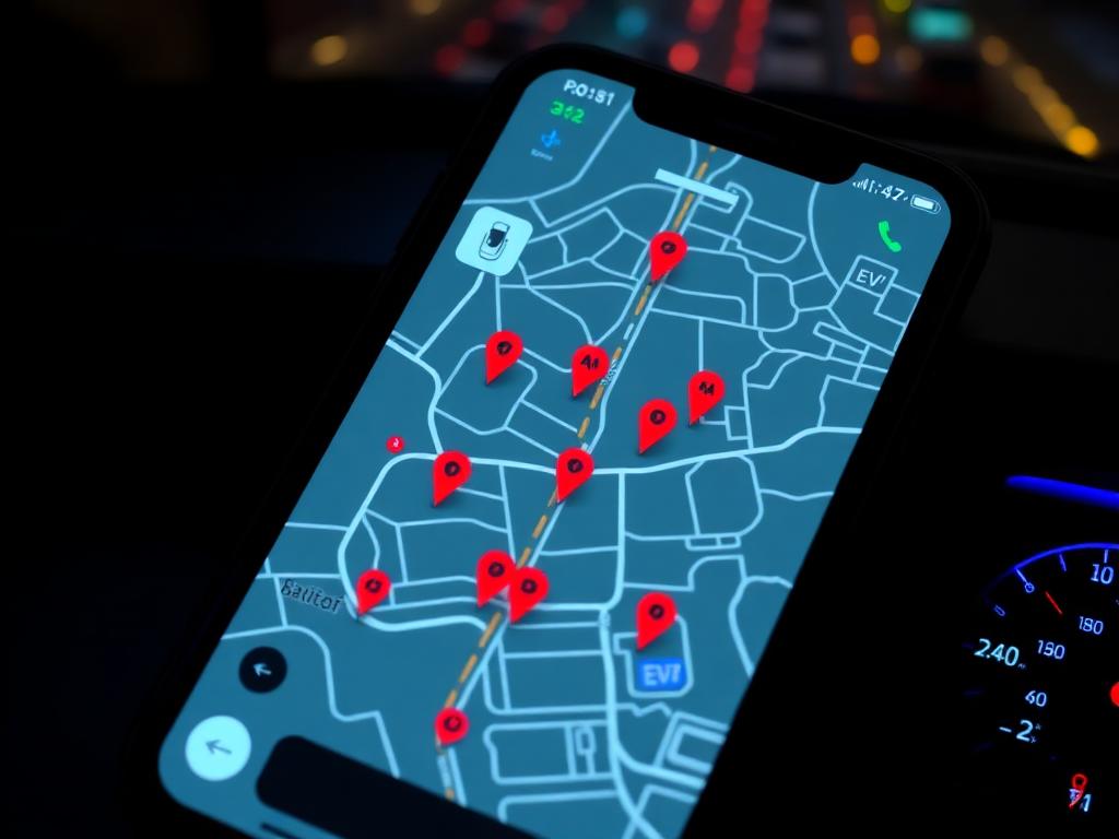Smartphone com mapa de estações de recarga