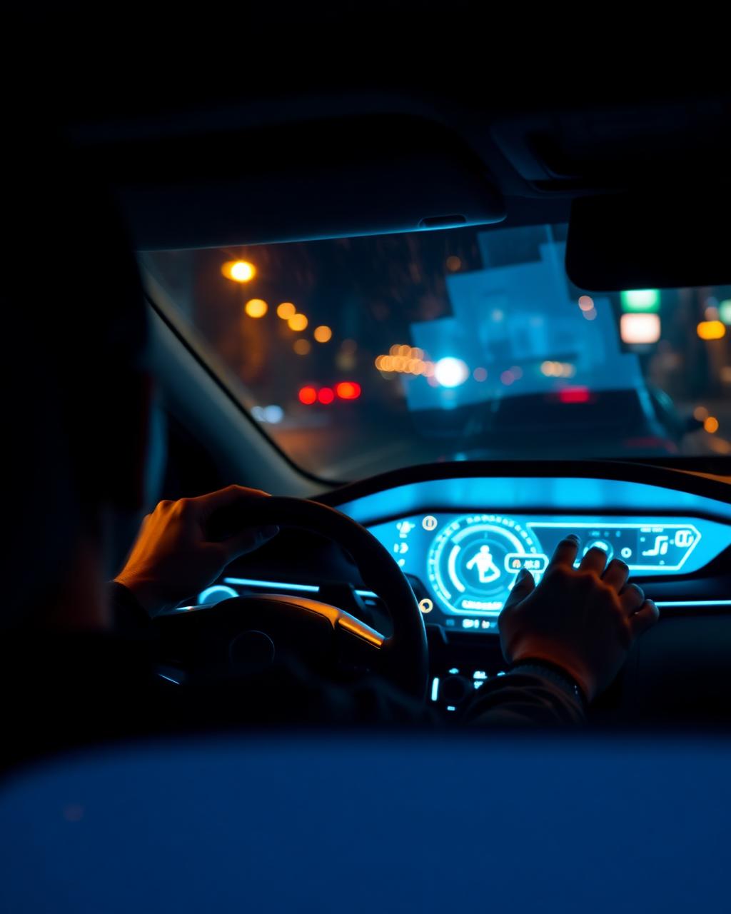 Motorista no painel digital de um carro elétrico à noite